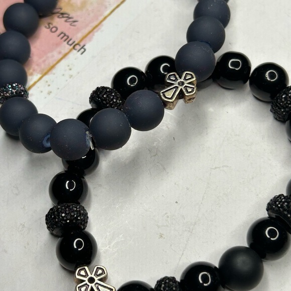 Matte Black & Onyx Cross Charm Bracelet Set - Picture 2 of 3